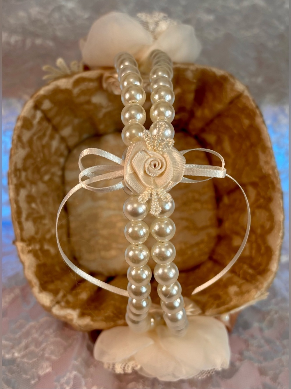 🥂 Handmade Champagne and Ivory Ring Pillow and Flower Basket Set - Picture 10 of 15